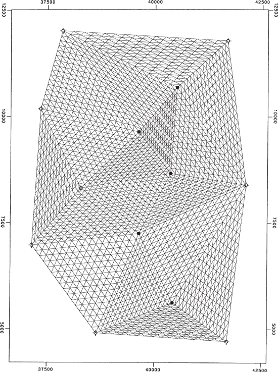 The same Delaunay triangulation plot is used. The triangular spaces formed by the 17 triangles are filled with multiple minute triangles.