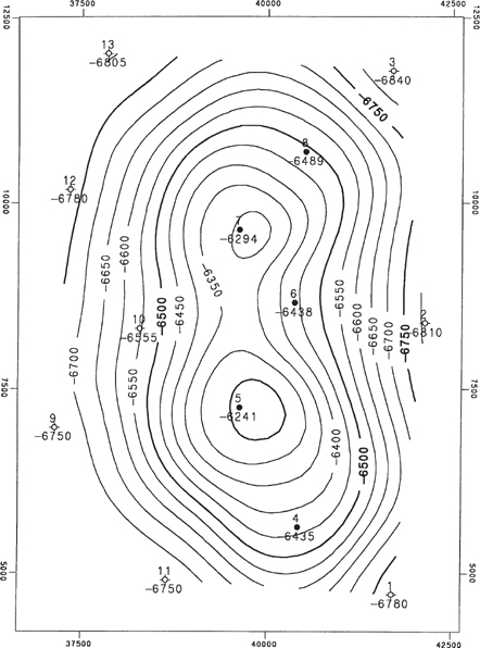 A figure shows a contour map constructed for the same data set, using the triangulation method. A smooth contour is generated and interprets a different geographical data about the surface considered, compared to the previous contour interpretations.