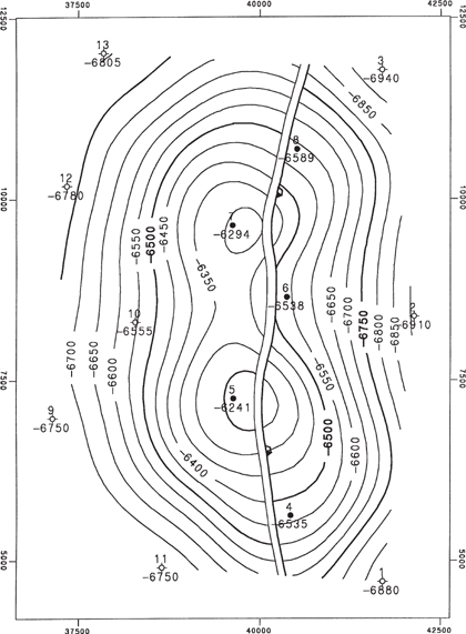 A figure shows a contour map plotted for a fault plane using the method of restored surface. This includes the details of the vertical separation between the faulted surfaces.