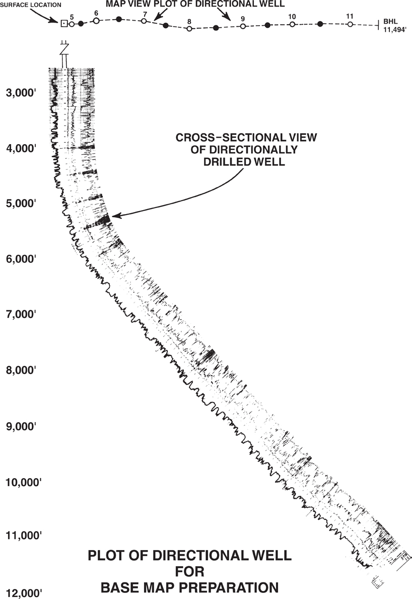 A figure shows the cross-sectional view of a directionally drilled well extending from 3000 feet to 12000 feet. The map view plot is shown above this.