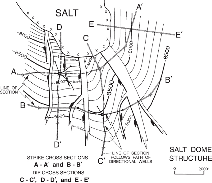 The cross-sectional layout of a diapiric salt structure.