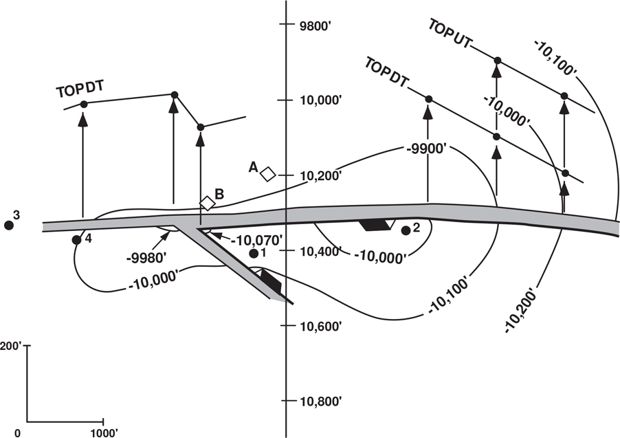 An illustration to construct a cross-section of the fault surface using the depth scale perpendicular to the fault trace is shown.
