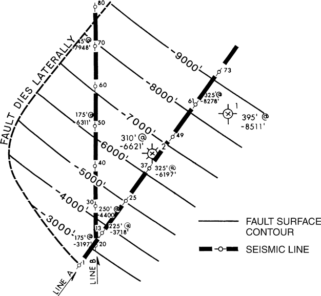 A fault surface map in which the intersection of seismic lines are marked.