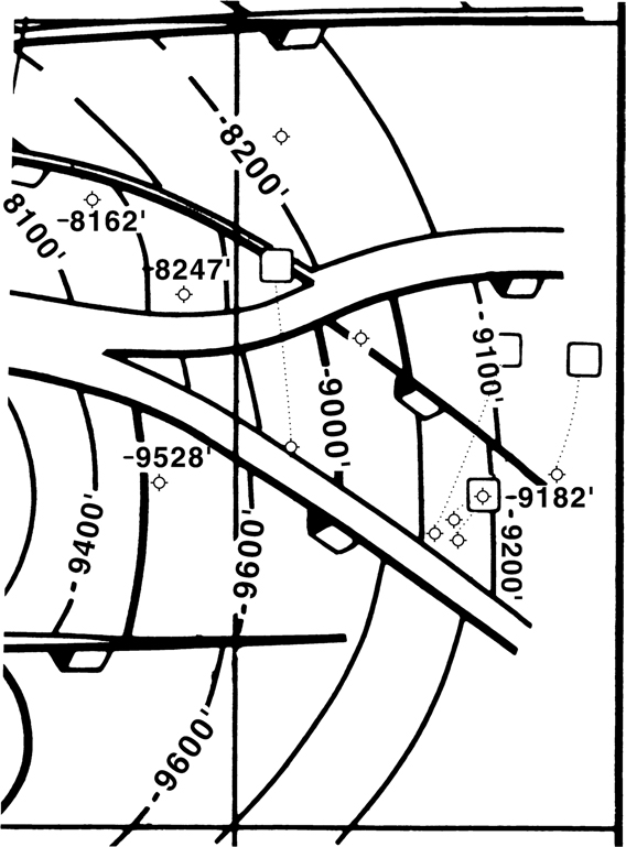 A figure displays an example for the section of the contoured map from the offshore Gulf of Mexico. It is based on the bifurcating system in which the fault system has been divided into multiple branches. Eleven places have been marked on the map.