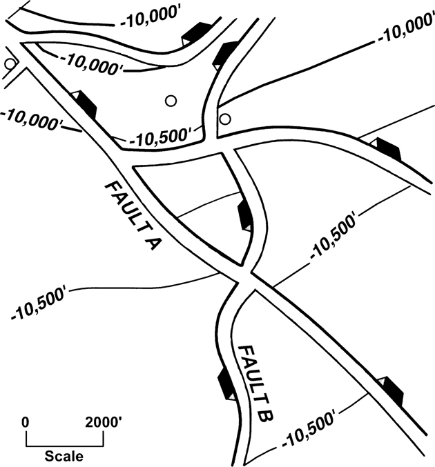A figure showing the section of the incorrectly contoured map. It shows two intersecting faults A and B with their traces forming a letter 'X.' The map is drawn at the interval of 2000 feet scale.