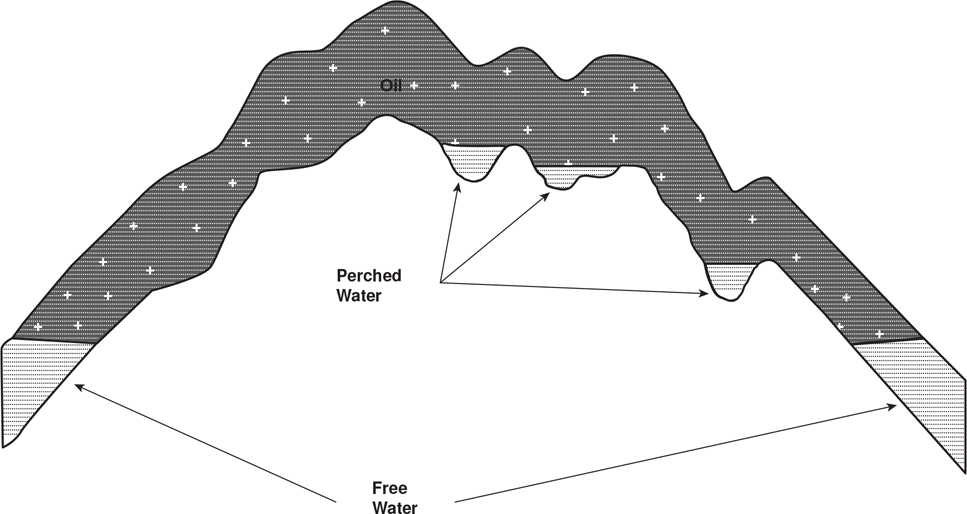 An overview of an anticlinal structure is shown. The oil has filled the anticlinal structure and traps the pool of perched water at the bottom. The zone below the perched water indicates the free water level on both ends.