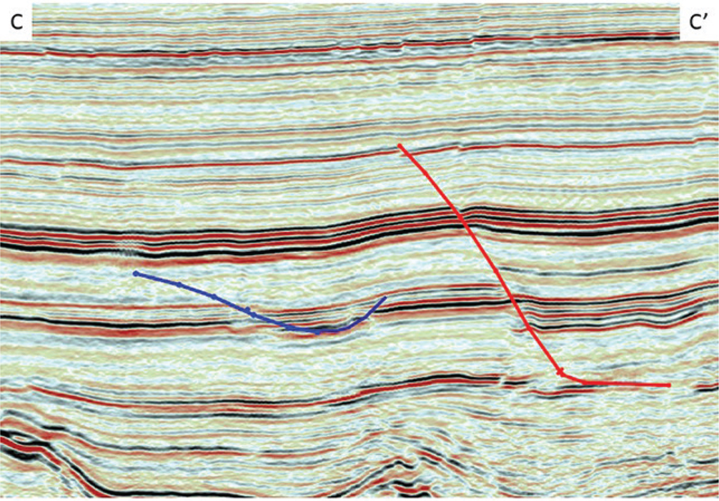 A seismic profile example from Eagle ford showing red and blue faults dip line continuation from top to bottom across a C-C section. The displayed data mainly comprise the fault.