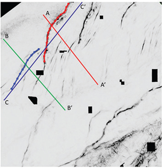 A figure shows a horizontal slice view from Eagle Ford. It shows three vertical lines AA prime, BB prime, through the CC prime line. The red faults pass through the line AA prime while the blue fault passes through the line BB prime.