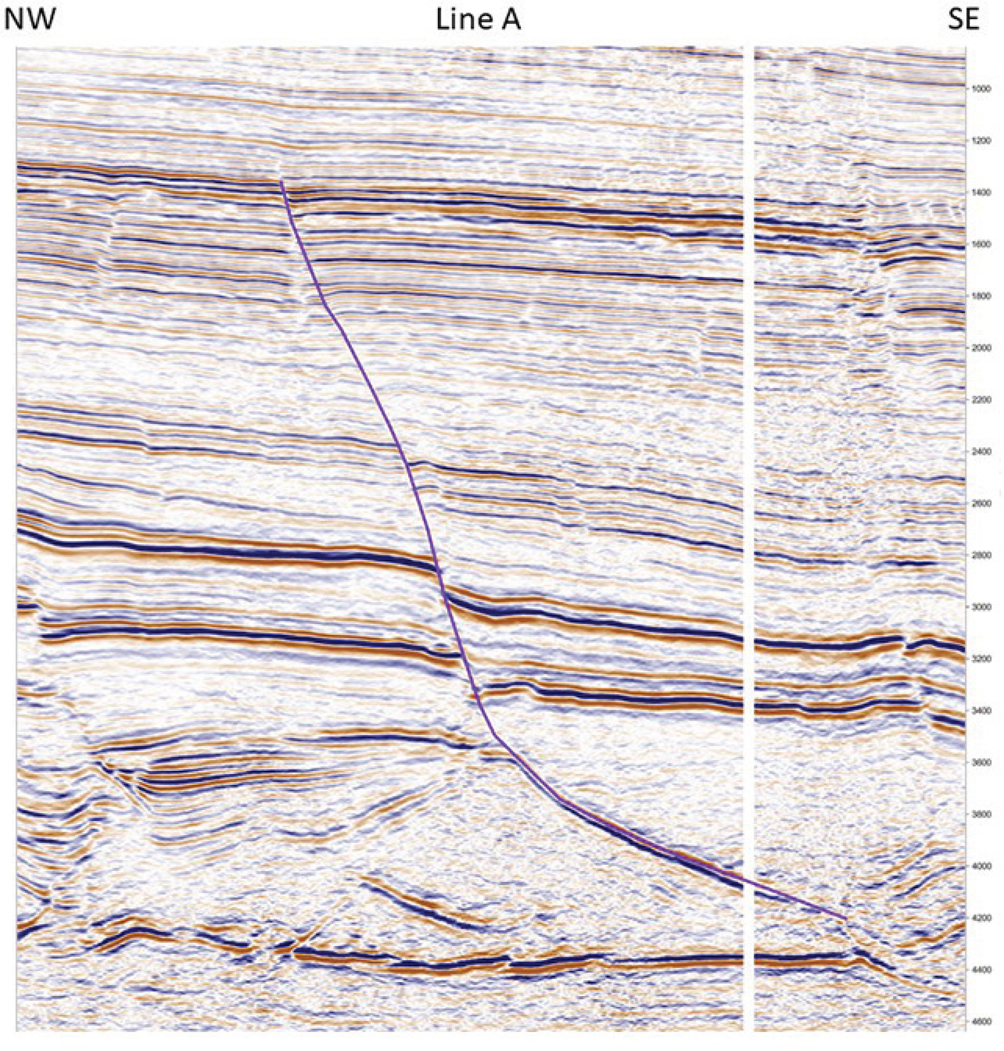 A figure depicts the interpretation of a seismic line 'A' displayed for the purple fault. The pattern is extracted from Eagle ford and extends from northwest to south east. A scale on the side indicates the markings.