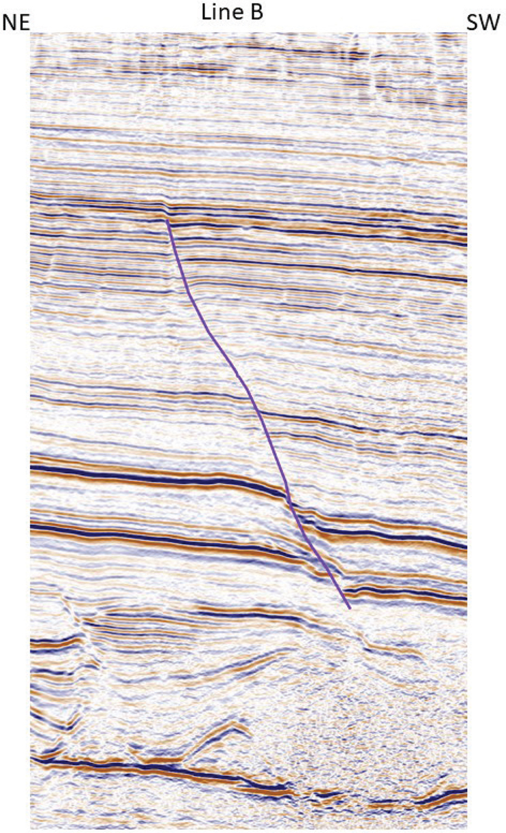 A figure depicts the second interpretation of a seismic line 'B' displayed for the purple fault. The pattern is extracted from Eagle ford and extends from northeast to southwest. Line B is attached to the first line.