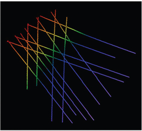 A sample from Eagle ford depicting 14 interpreted vertical seismic colored lines. The fault patterns show all the colored lines joined together at the minimum with one other.