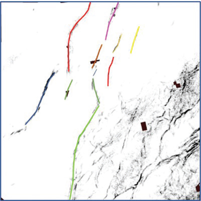 An example from Eagle Ford illustrates the outcome of fault analysis throughout its seismic volume. The detailed pattern of slice shows the 11 faults colored in red, blue, yellow, green, et cetera.