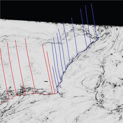 An example from Haynesville shows the simplified distribution of faults in three dimensions. Ten seismic blue SE fault lines are placed perpendicular to red fault lines.