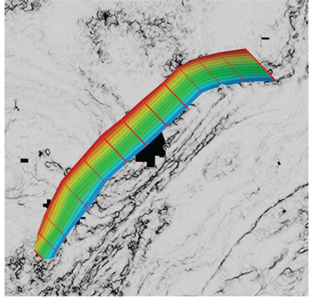 A display of a seismic profile extracted from a volume of three-dimensional seismic data is shown. The quality check is conducted on the final fault projection of red SE faults. It shows the overlay of red faults on layers of colors varying from red to blue.