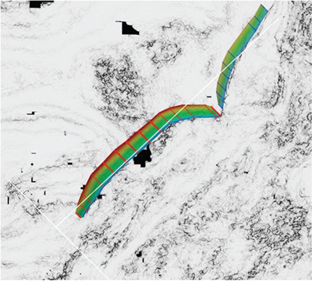 A figure depicts the final fault projections of red and blue faults.