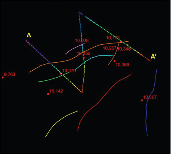 Map view of Eagle Ford presents the details of an arbitrary line A-A prime.