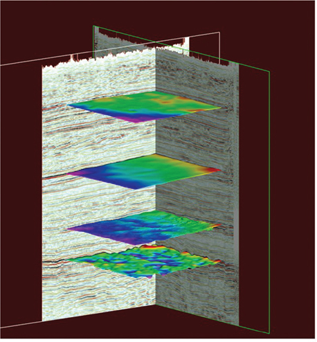 An example from Eagle Ford showing the four auto tracked horizons in a three-dimensional perspective view on seismic volumes. Each horizon is placed on after the other.