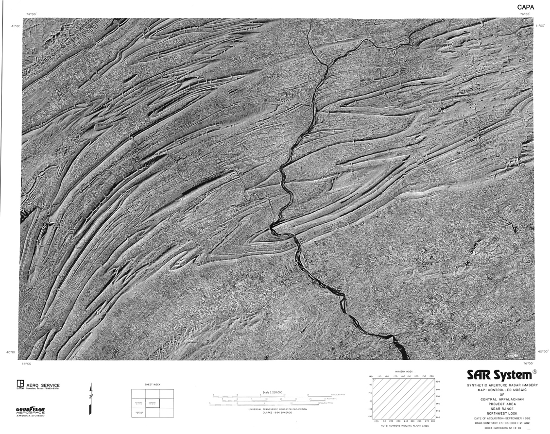 An image, created using SAR, shows a radar aperture image of a fold-thrust belt with several slip transfers in the form of plunging anticlines.