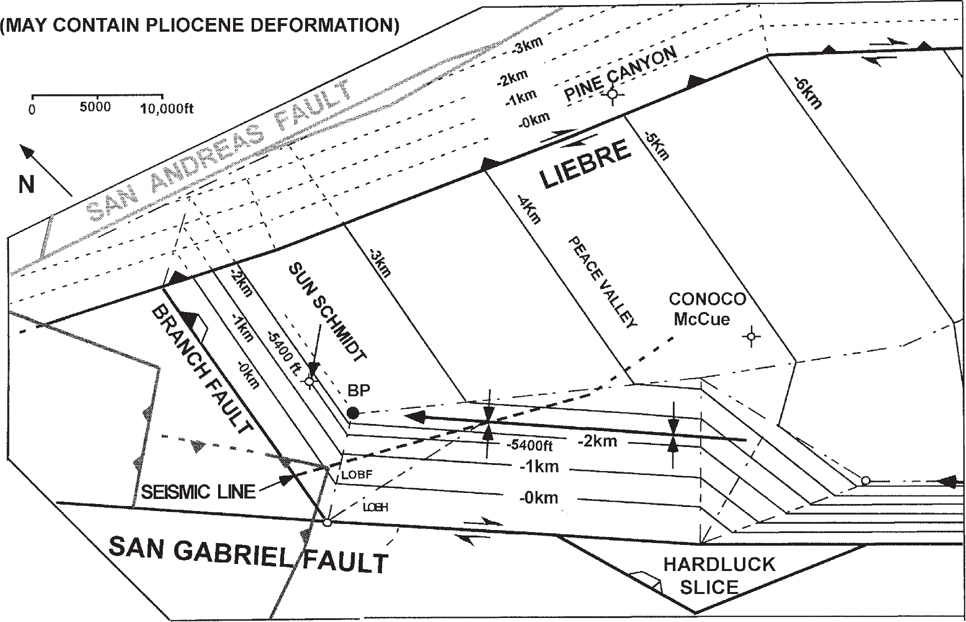 The faults and the regions surrounding the Ridge Basin basement are shown on a map.