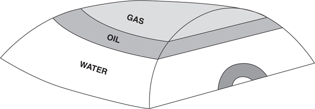 A three-dimensional representation of the bottom water reservoir in its side view is shown. It shows three layers occupied by gas, oil, and water is trapped in closed lows.