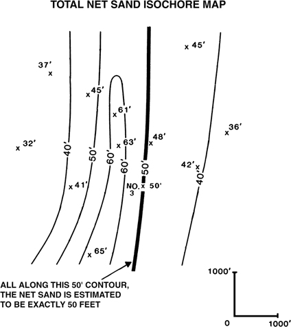 A figure showing the isochore map for the total net sand contour map. It consists of 40 feet contour line, 50 feet contour line, 60 feet contour line, 60 feet contour line, 50 feet contour line, and 40 feet contour line. The 50 feet contour line is highlighted densely. All along this 50 feet contour, the net sand is estimated to be exactly 50 feet. The contour interval is 1000 feet.