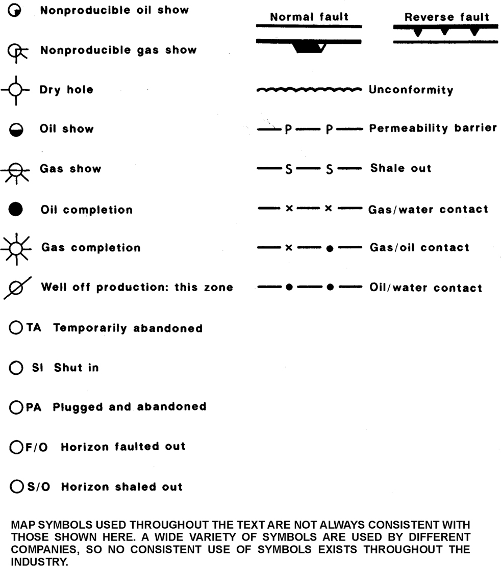 A page shows the list of general map symbols used throughout the book. These include: nonproducible oil show, nonproducible gas show, dry hole, oil show, gas show, oil completion, gas completion, well off production, temporarily abandoned, shut in, plugged and abandoned, horizon faulted out, horizon shaled out, normal fault, reverse fault, unconformity, permeability barrier, shale out, gas/water contact, gas/oil contact, and oil water contact.
