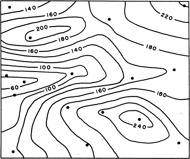 A map constructed using the mechanical contouring technique is shown. Depths are marked using numbers.