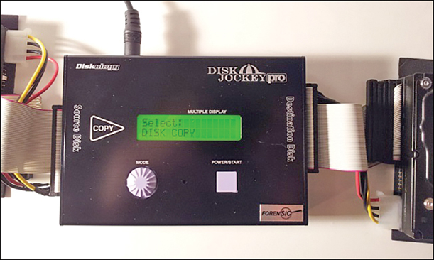 A photograph displays a hard disk drive cloned with the Disk Jockey PRO Forensic Edition. The hard drive is connected to the Disk Jockey PRO via ZIF cable, ZIF adapter, and IDE interface cable. The top surface of the disk jockey pro consists of one multiple display screen, power/start button, mode button, and a copy button. The text "Select: Disk Copy" is displayed on this screen.