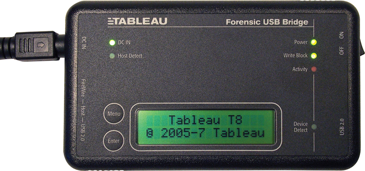 A photograph shows the Tableau Forensic USB bridge. It has ports, buttons, a display screen, and indicators. The buttons include the menu and enter. The indicators for DC In, host detect, power, write block, activity, device detect, on, and off are present.