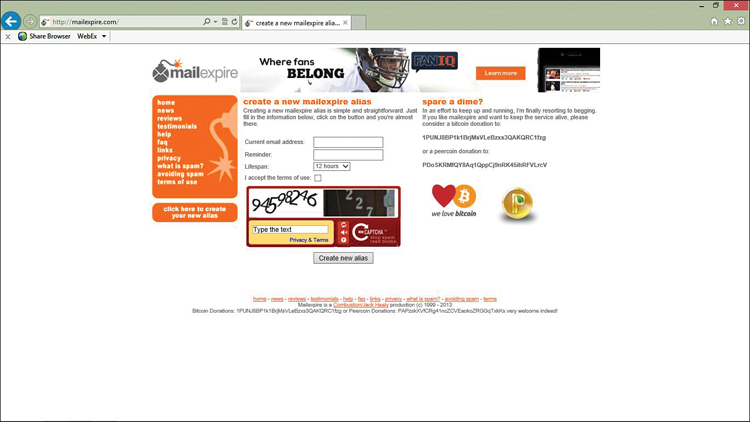 A browser displays a webpage on the mail expire website.