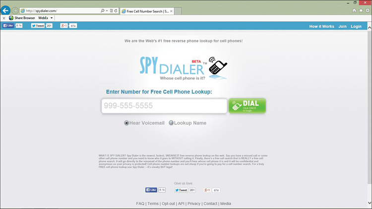A screenshot shows the home page of Spy Dialer website. There is a text box for entering number for free cell phone lookup with a button to dial. There are radio buttons for hear voicemail (selected) and lookup name.