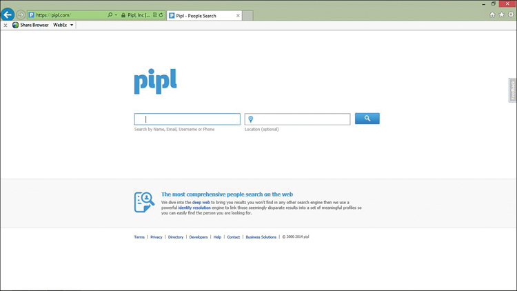 A screenshot of the pipl website is shown.
