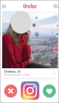 A screenshot taken in a phone shows the profile of a tinder user, that is linked to Instagram. Details such as name, location and age of the user are shown.