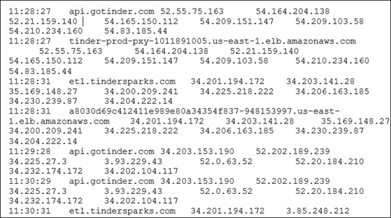 A screenshot displays DNS sample traffic using Debookee. It displays the time, URL, and IP address for various domains depicting the DNS sample traffic that is captured with Debookee.