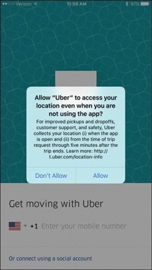 A screenshot taken in a phone shows a permission dialogue box for Uber while installing. It asks to allow the uber to access the user location even when the user is not using the app along with two options: allow and don't allow.