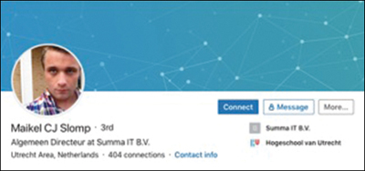 A screenshot displays the LinkedIn profile page of Maikel Cornelis Jan Slomp, Algemeen Director at Summa IT B.V, Netherlands. The right side of the page shows three buttons: connect, message, and more.