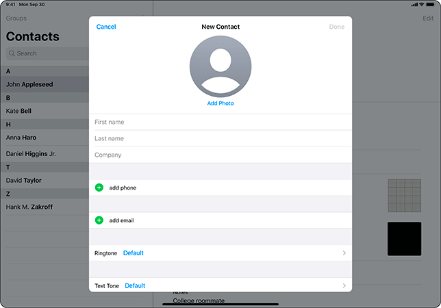 Creating a new contact on iPad