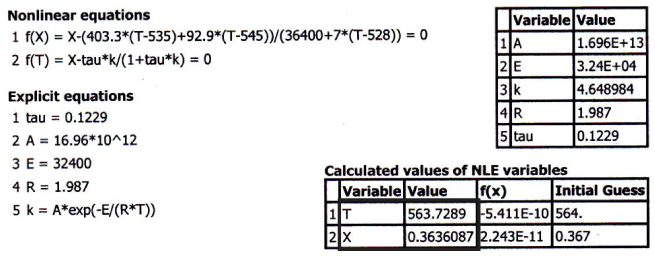 A table is shown for non-linear and explicit equations along with variable values.