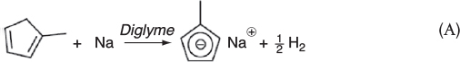 A chemical reaction shows a 5-membered cyclic diene compound with an alkyl group, undergo metallation. On the addition of sodium, in the presence of diglyme, sodium methylcyclopentadiene is formed with the liberation of hydrogen gas.