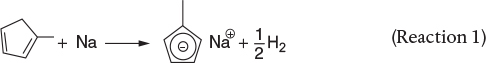 A reaction shows the compound methylcyclopentadiene react with the sodium metal. This leads to the formation of sodium methylcyclopentadiene and the liberation of hydrogen gas.
