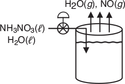 An illustration of a CSTR is shown. Ammonium nitrate and H2O are fed into the CSTR through a valve in liquid state to release H2O and Nitrous Oxide in gaseous form.
