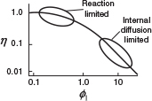 A graph plots the internal effectiveness factor against the Thiele modulus.