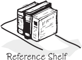 A clipart showing a shelf with books, and represents the term, "Reference shelf".