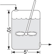 A CSTR tank with dimensions. A 1500-gallons tank consists of an agitator immersed in the liquid. There are openings for inlet at the top and outlet at the bottom. The diameter and height of the tank are 5 feet and 10 feet, respectively.