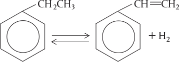 A reaction representing the dehydrogenation of ethyl benzene to styrene is shown.
