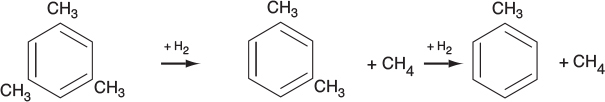 A reaction shows the formation of xylene. On reducing 1,3,5-trimethyl benzene we get 1,3-dimethylbenzene and methane. On further addition of hydrogen, we get methylbenzene or xylene along with another molecule of methane (CH4).