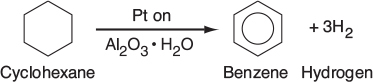 The dehydrogenation of Cyclohexane in the presence of Pt on Al2O3 and H2O as a catalyst gives Benzene and 3 moles of Hydrogen (3H2).