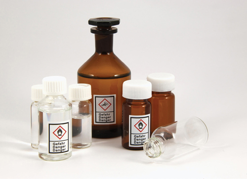 A photograph shows some medicine bottles which are labeled in GHS system.