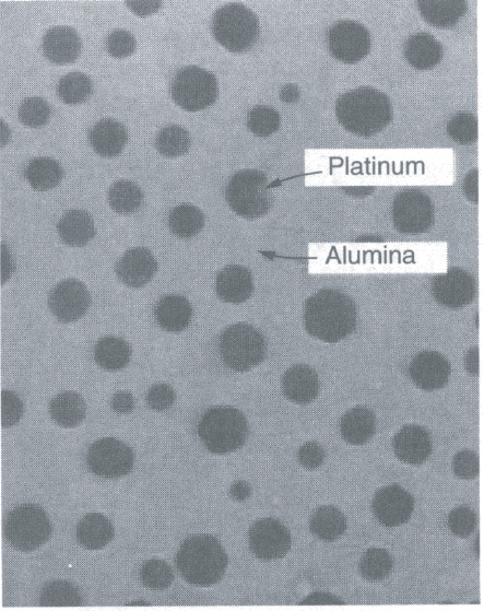 A magnified microscopic view of platinum on alumina is shown. A light shaded rectangular region represents the alumina surface. Several circular dark spots are displayed above the alumina surface. These spots represent the platinum.