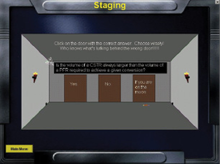 A snapshot of computer game screen which shows staging screen with main menu button. The game asks the user to click on the correct door representing the correct answer for question related to CSTR.
